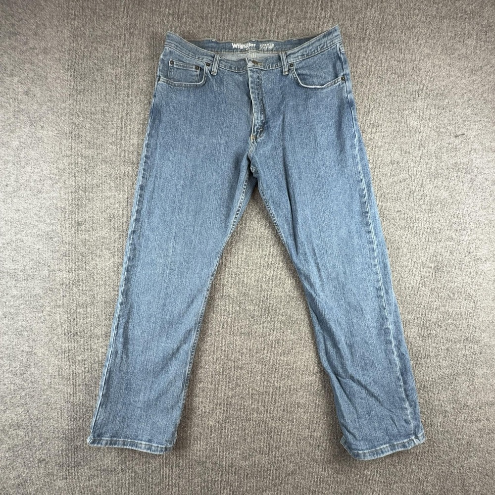 Wrangler Advanced Comfort Jeans Mens 36x30 Light Blue Straight Stretch Denim